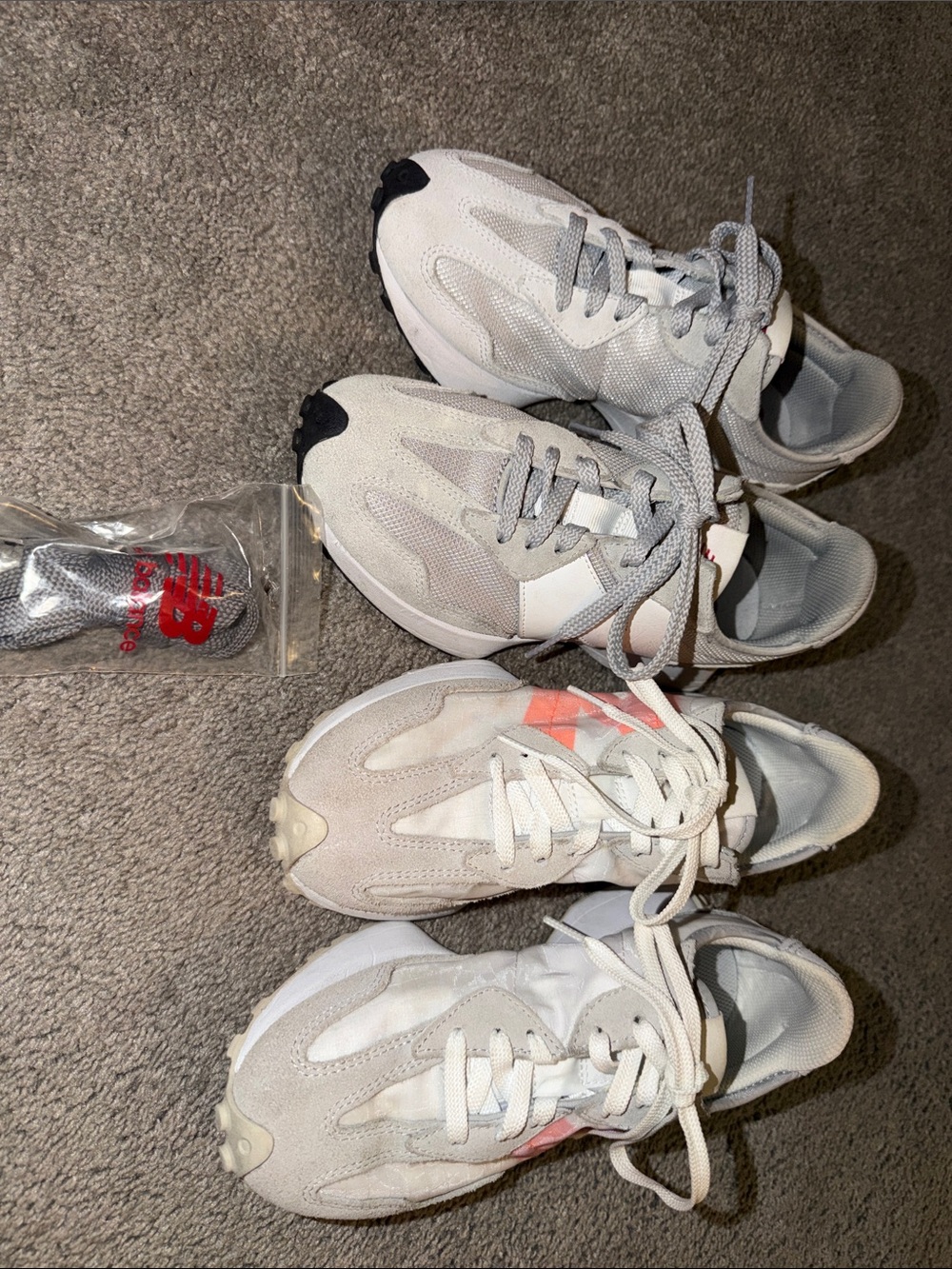 New Balance 327 sneakers lot of 2! Size 5.5 boys, 7 female w/extra laces gray wh - Picture 2 of 15